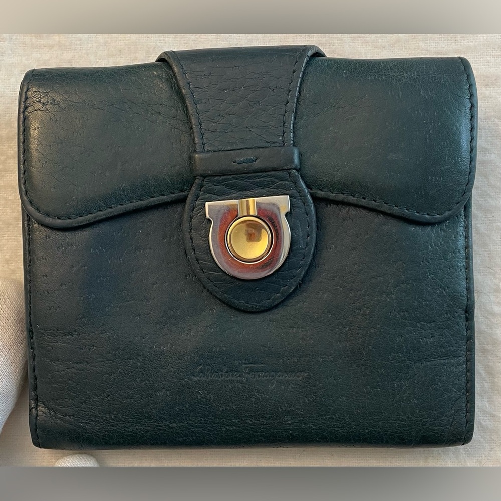 Salvatore Ferragamo Dark Green Leather Wallet w/ Signature Gancini Closure